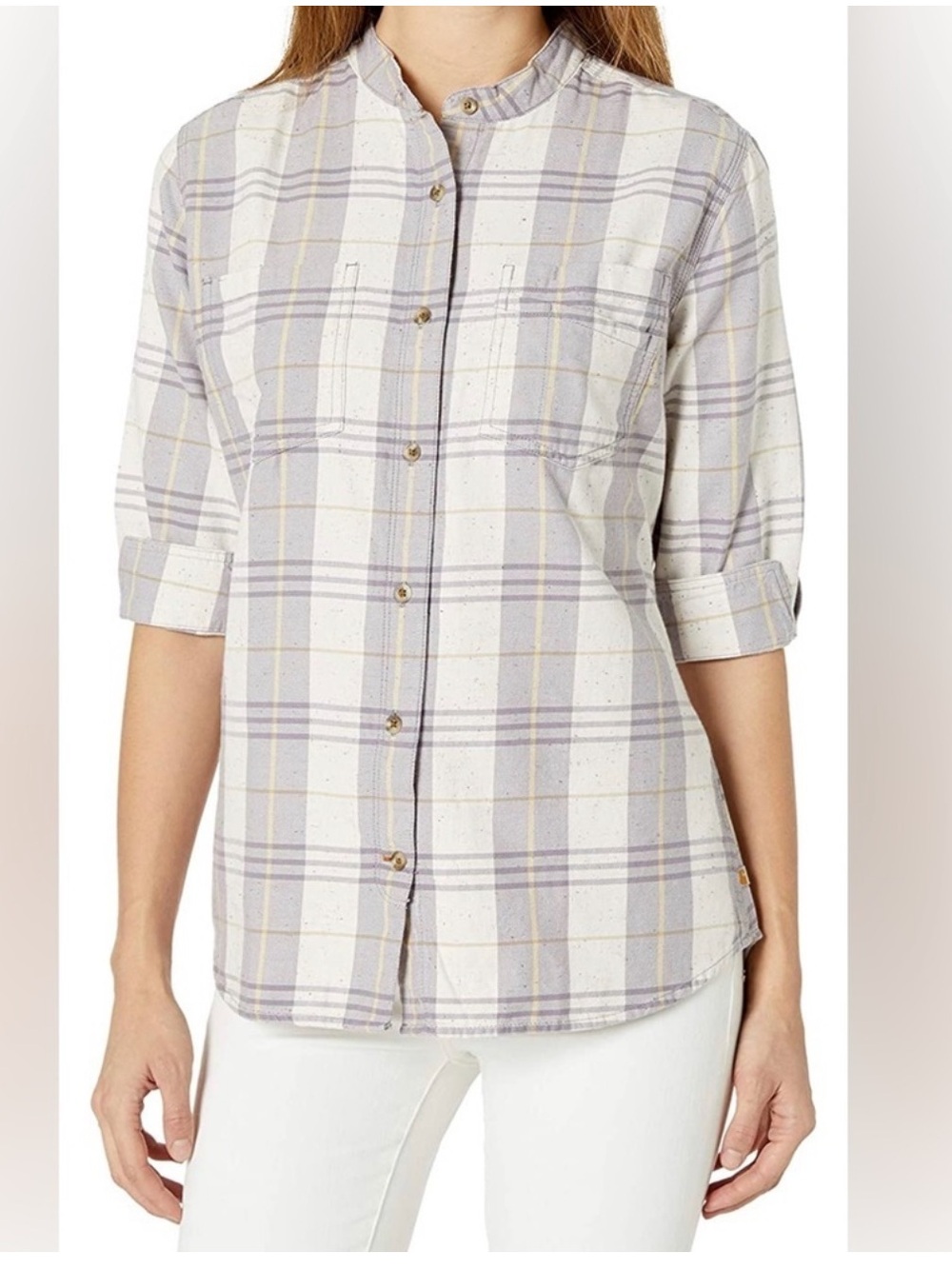 Carhartt Women's Cream and Light Gray Plaid Button-Down Shirt